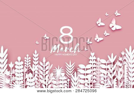 8 March. Origami Spring Flowers. Happy Womens Day. Mixed White Paper Cut Flowers, Tropical Leaves, B