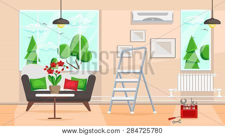 Living Room Repair Design Flat Vector Illustration. Contemporary Apartment Decoration. Indoor With N