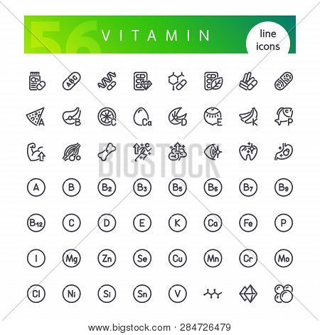 Set Of 56 Vitamins, Minerals, Amino Acids And Other Dietary Supplement Line Icons Suitable For Web, 