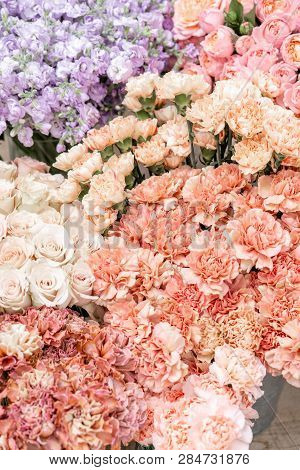 Floral Carpet, Flower Texture, Shop Concept. Beautiful Fresh Blossoming Flowers Roses, Spray Roses, 