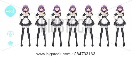 Anime Manga Girl, Cartoon Character In Japanese Style. Costume Of Maid Cafe. Set Of Emotions. Sprite