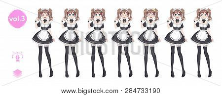 Anime Manga Girl, Cartoon Character In Japanese Style. Costume Of Maid Cafe. Set Of Emotions. Sprite