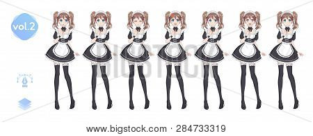 Anime Manga Girl, Cartoon Character In Japanese Style. Costume Of Maid Cafe. Set Of Emotions. Sprite