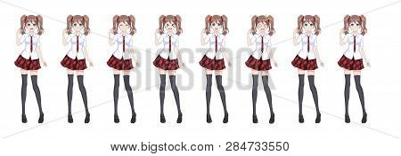 Anime Manga Girl, Cartoon Character In Japanese Style. In A White Shirt, A Red Skirt In A Cage, A Ti