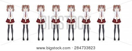 Anime Manga Girl, Cartoon Character In Japanese Style. In A White Shirt, A Red Skirt In A Cage, A Ti