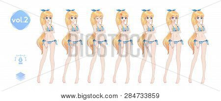 Anime Manga Girl, Cartoon Character In Japanese Style. In A Summer Bikini Swimsuit. Set Of Emotions.