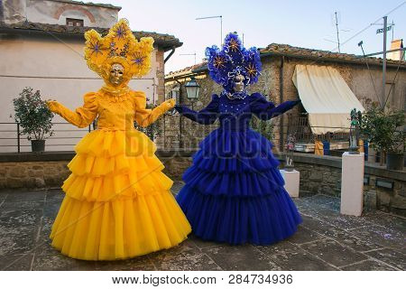 Castiglio Fibocchi, Italy - February 17, 2019: Portrait Of Two Beautiful Masks At The Carnival Of Ca