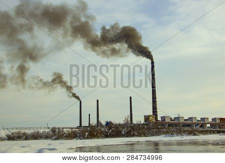 Environmental Pollution Factory Pipes Smoke Into The Sky