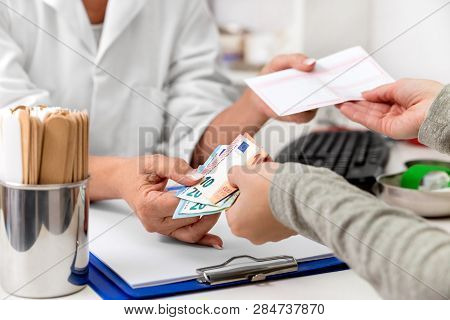 Fraud And Bribery To The Health Insurance, Medical Prescription And Euro Banknotes