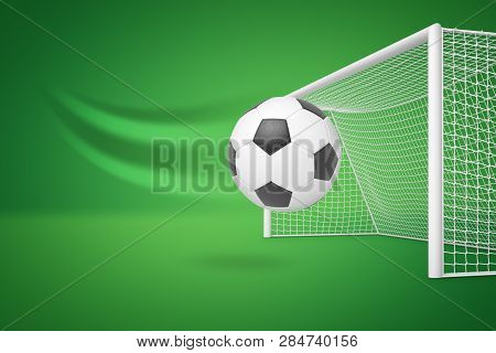 3d Rendering Of A Football Hurtling Right Into The White Net On Green Background.