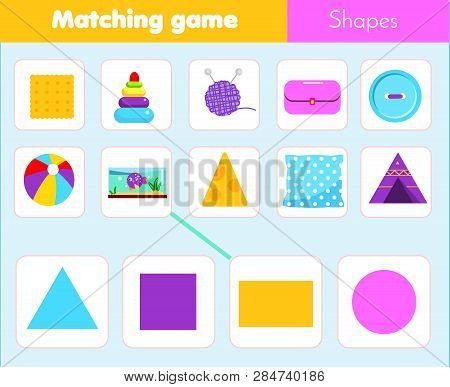 Educational Children Game. Matching Game Worksheet For Kids. Match By Shape. Learn Geometric Forms A
