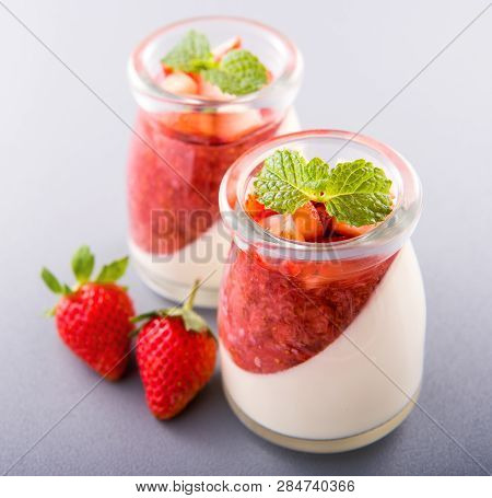 Delicous And Nutritious Double Color (colour) Strawberry Desserts With Mint And Diced Sarcocarp Topp