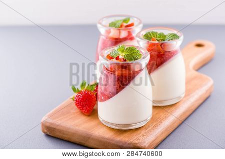 Delicous And Nutritious Double Color (colour) Strawberry Desserts With Mint And Diced Sarcocarp Topp