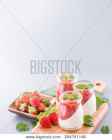 Delicous And Nutritious Double Color (colour) Strawberry Desserts With Mint And Diced Sarcocarp Topp