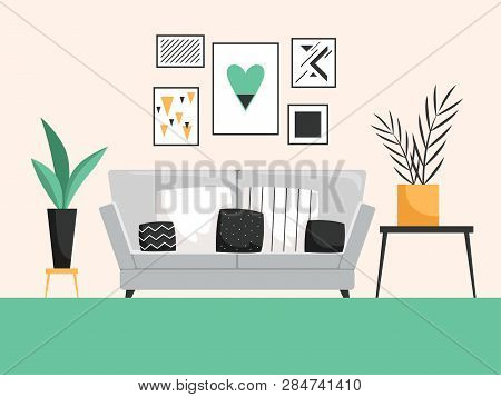 Interior With Sofa. Living Room With Cofortable Furniture Detailed Vector Composition. Comfortable A
