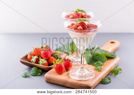 Delicous And Nutritious Double Color (colour) Strawberry Desserts With Mint And Diced Sarcocarp Topp
