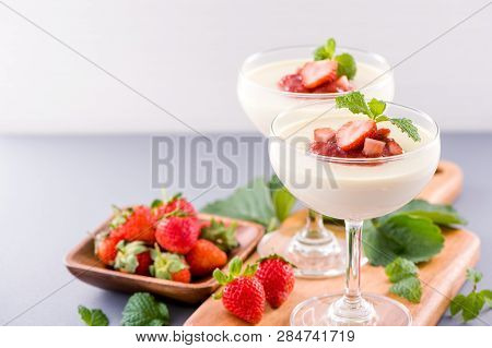 Delicous And Nutritious Double Color (colour) Strawberry Desserts With Mint And Diced Sarcocarp Topp