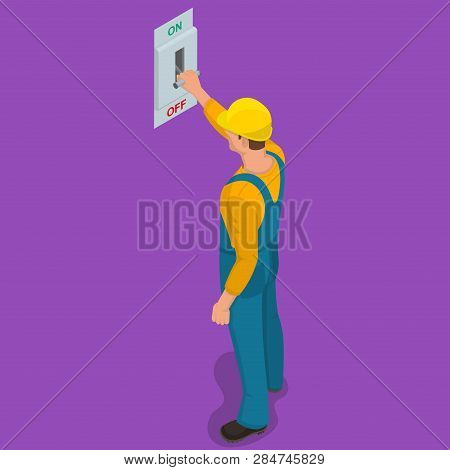 Worker Man Turns Electric Knife Switch In The 