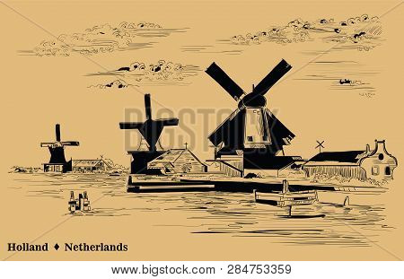 Vector Hand Drawing Illustration Of Watermill In Amsterdam (netherlands, Holland). Landmark Of Holla