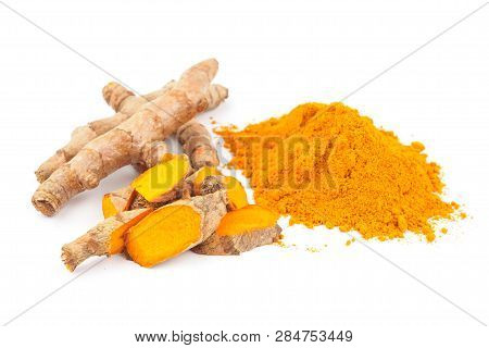 Turmeric Powder And Fresh Turmeric Onwhite Background, Herbs