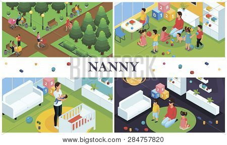 Isometric Nanny Work Composition With Parents Walking With Kids Nanny Playing With Children At Home 
