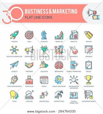 Set Of Modern Icons Of Business, Marketing, Market Research, Strategy, Planning And Other. Each Icon