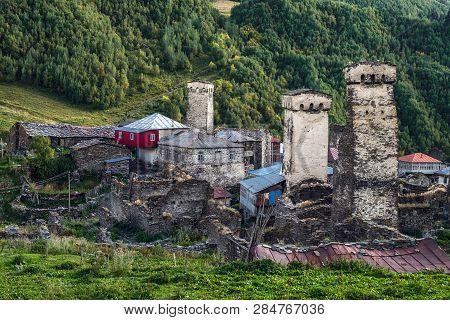 Old Defencive Svan Towers Of Murkmeli Community In Ushguli Village, Svaneti Georgia