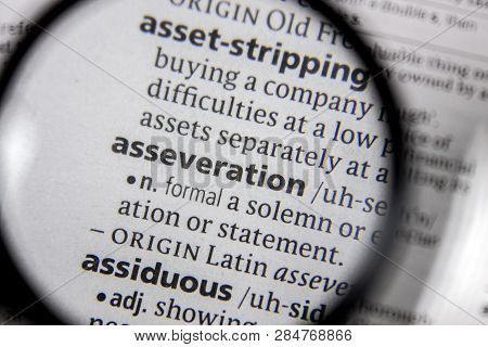 The Word Or Phrase Asseveration In A Dictionary Book.