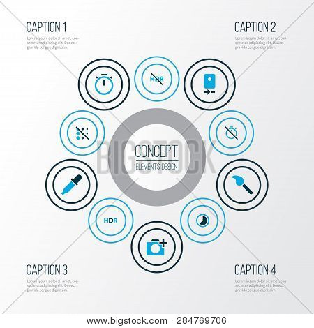 Image Icons Colored Set With Add A Photo, Smartphone, High Dynamic Range And Other Photographing Ele