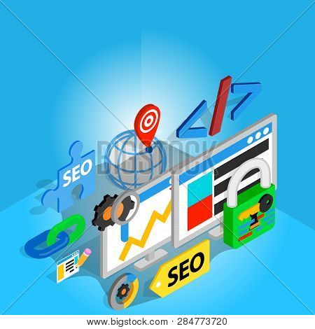Search Engine Optimization Concept Banner. Isometric Banner Of Search Engine Optimization Vector Con