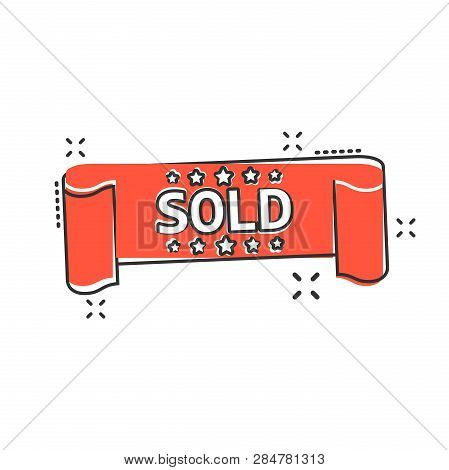 Vector Cartoon Sold Ribbon Icon In Comic Style. Discount, Sale Sticker Label Sign Illustration Picto