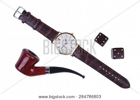 Mens Accessories For Business And Rekreation. Watch, Smoking Pipe And Dice Isolated On White Backgro