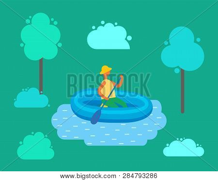 Man In Hat Swimming On Inflatable Rubber Boat In Pond At Green Forest With Trees And Bushes. Cartoon