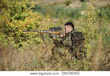 Hunting Permit. Hunting Equipment For Professionals. Hunting Is Brutal Masculine Hobby. Bearded Seri