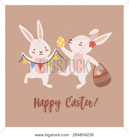 Postcard Template With Pair Of Lovely Bunnies Or Rabbits Holding Basket With Decorated Eggs And Flag