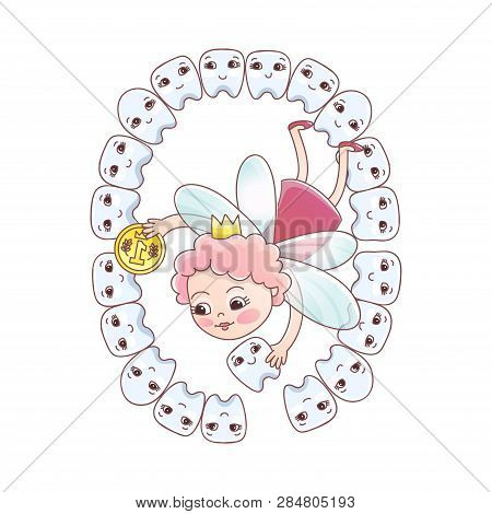 A Tooth Fairy With A Coin Flew Over For A Baby Milk Tooth. Baby Teeth Of The Baby Meet The Tooth Fai