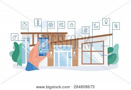 Hand Holding Smartphone With Mobile Application For House Automation Against Residential Building On