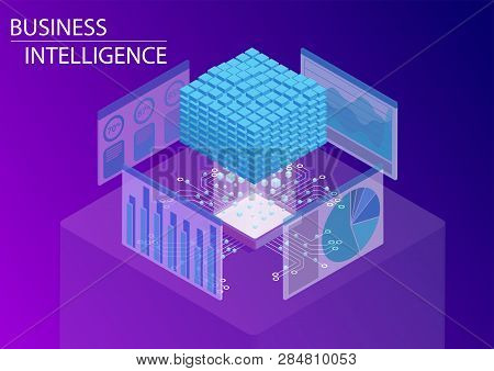 Business Intelligence / Bi Concept With Data Cube And Analytics Dashboard. 3d Isometric Vector Illus