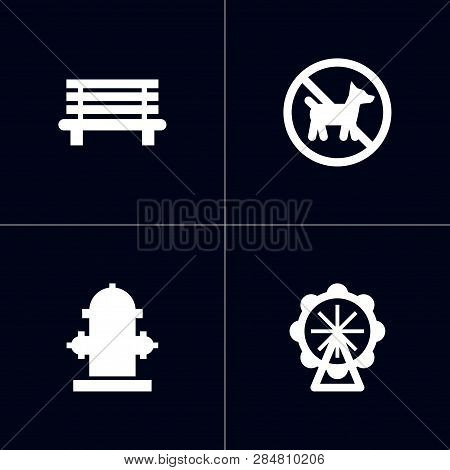Set Of 4 Infrastructure Icons Set. Collection Of Bench, Dog, Fireplug And Other Elements.