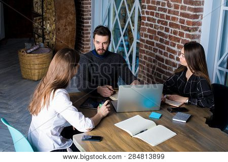 Teamwork Of Successful Business Content Writers, Talking About Work, Using Laptop Computer. Students
