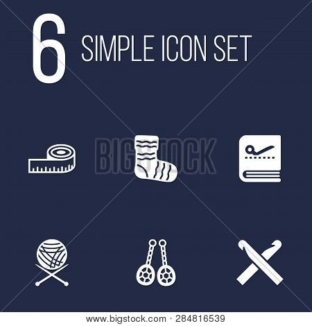 Set Of 6 Handcraft Icons Set. Collection Of Crochet, Knitting, Knitted Socks And Other Elements.