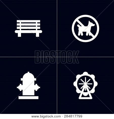 Set Of 4 Urban Icons Set. Collection Of Bench, Dog, Fireplug And Other Elements.