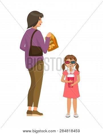Woman With Young Daughter Going To Watch Movies Vector. Film Theatre Visiting, Woman Holding Handbag