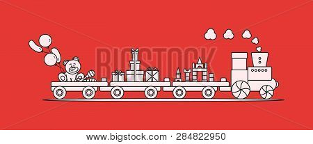 Funny Vector Illustration With Train Carries Toys: Baby Toy Musical Maracas, Designer, Bear, Gifts, 