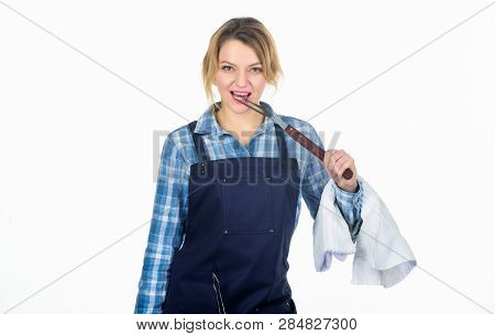 Cooking Meat In Park. Barbecue Master. Woman Checkered Shirt And Apron For Cooking White Background.