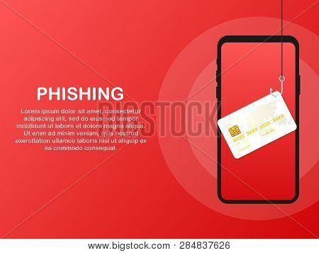 Data Phishing, Credit Or Debit Card On Fishing Hook, Internet Security. Vector Stock Illustration.
