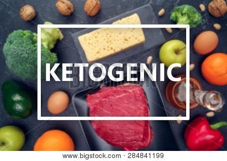 Picture of products for ketogenic diet on empty black background in studio