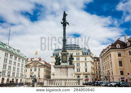 Vienna, Austria - April, 2018: Marian Column Located At Am Hof Square Built On 1667