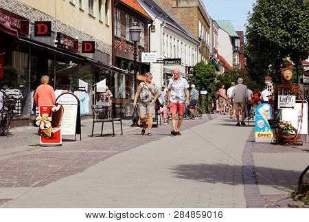 Ystad, Sweden - June 26, 2018: View Of The Stora Ostergatan Street In The Downtown District.