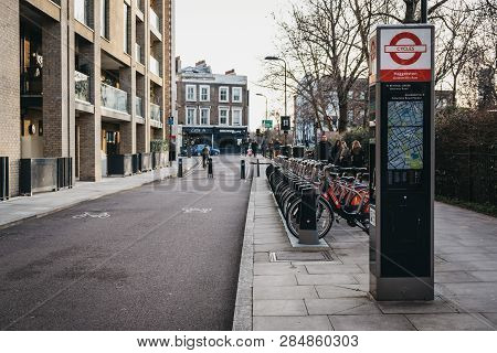London, Uk - February 03, 2019: Santander Cycles Docking Station In Haggerston, London. Santander Cy
